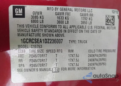 2013 Chevrolet Silverado 1500 Lt z USA, uszkodzony, nr VIN 1GCRCSEA1DZ236007